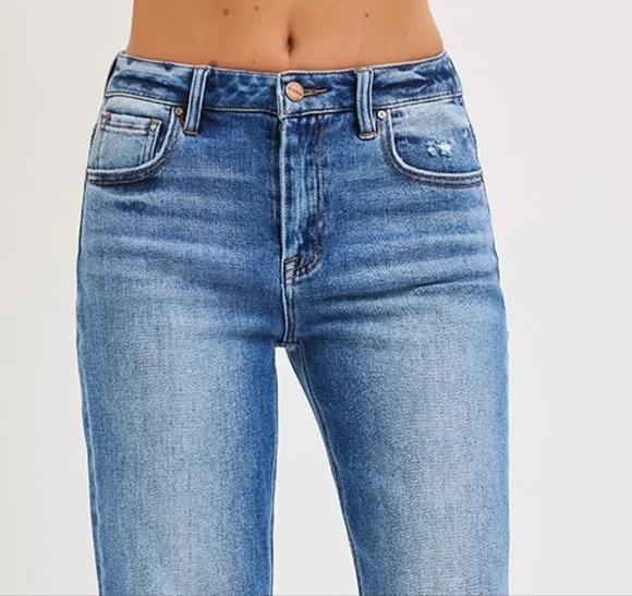 RISEN Barrel Jeans High-rise Boyfriend Vertical Seam Cropped Denim Distressed - Picture 5 of 16